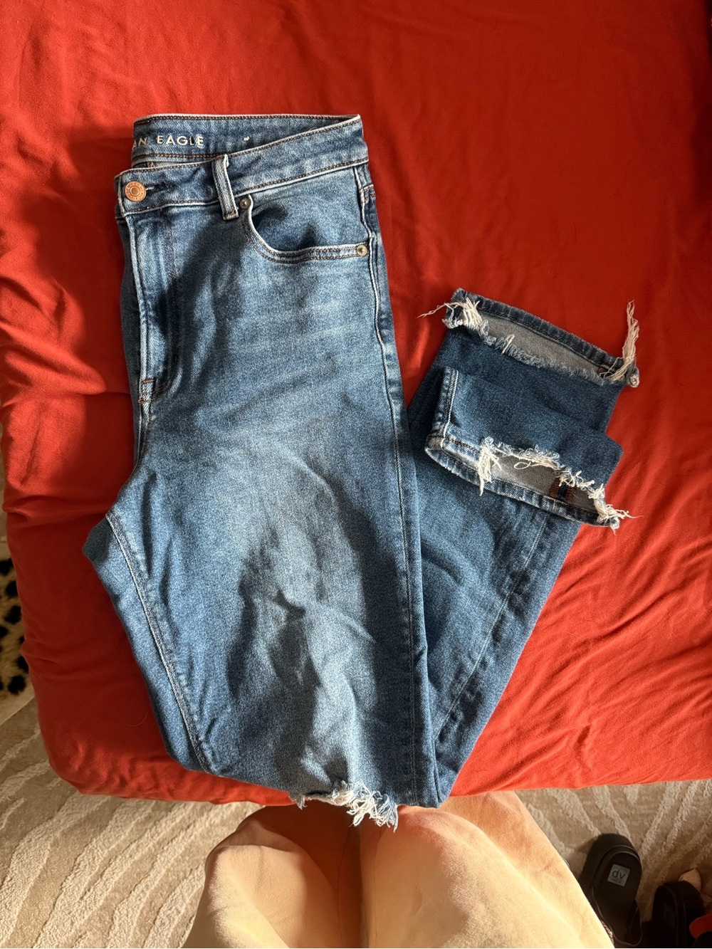 American Eagle Outfitters Indigo Blue High-Rise Frayed Hem Jeans